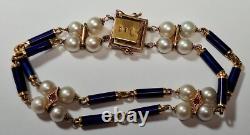 Unoaerre 18K Gold Blue Cobalt Enamel Vintage Pearls Ruby 8 Bracelet LH524
