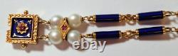 Unoaerre 18K Gold Blue Cobalt Enamel Vintage Pearls Ruby 8 Bracelet LH524