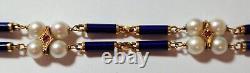Unoaerre 18K Gold Blue Cobalt Enamel Vintage Pearls Ruby 8 Bracelet LH524