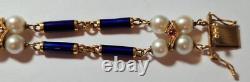 Unoaerre 18K Gold Blue Cobalt Enamel Vintage Pearls Ruby 8 Bracelet LH524