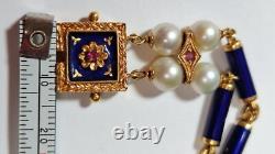 Unoaerre 18K Gold Blue Cobalt Enamel Vintage Pearls Ruby 8 Bracelet LH524