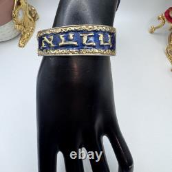 VINTAGE CINER Gold Tone Stylized Hebrew Symbols & Blue Enamel Bracelet Rare 6.5