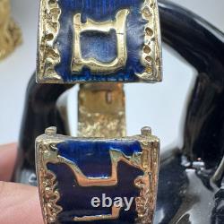 VINTAGE CINER Gold Tone Stylized Hebrew Symbols & Blue Enamel Bracelet Rare 6.5