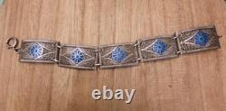 VINTAGE SILVER FILIGREE BRACELET WITH ENAMEL BLUE FLOWERS Tests as Silver