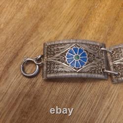 VINTAGE SILVER FILIGREE BRACELET WITH ENAMEL BLUE FLOWERS Tests as Silver