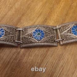 VINTAGE SILVER FILIGREE BRACELET WITH ENAMEL BLUE FLOWERS Tests as Silver