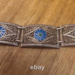 VINTAGE SILVER FILIGREE BRACELET WITH ENAMEL BLUE FLOWERS Tests as Silver
