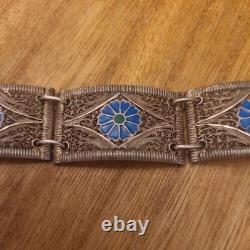 VINTAGE SILVER FILIGREE BRACELET WITH ENAMEL BLUE FLOWERS Tests as Silver