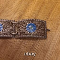 VINTAGE SILVER FILIGREE BRACELET WITH ENAMEL BLUE FLOWERS Tests as Silver