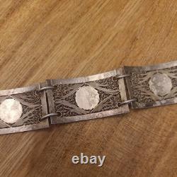VINTAGE SILVER FILIGREE BRACELET WITH ENAMEL BLUE FLOWERS Tests as Silver