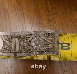 VINTAGE SILVER FILIGREE BRACELET WITH ENAMEL BLUE FLOWERS Tests as Silver