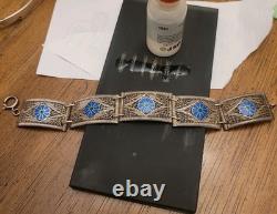 VINTAGE SILVER FILIGREE BRACELET WITH ENAMEL BLUE FLOWERS Tests as Silver
