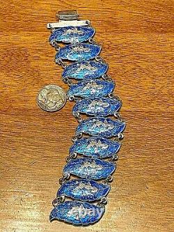 VNTG Ornate Signed SIAM STERLING Silver IRIDESCENT Blue Enamel 10 Link Bracelet