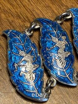 VNTG Ornate Signed SIAM STERLING Silver IRIDESCENT Blue Enamel 10 Link Bracelet