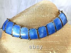 VTG David Anderson Sterling Silver Blue Guilloche Enamel 13 Panel Link Bracelet