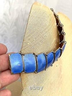 VTG David Anderson Sterling Silver Blue Guilloche Enamel 13 Panel Link Bracelet