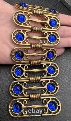 VTG Royal Blue Cabochon Gold Tone 2.5 Wide Panel Etruscan Style Bracelet 7.25