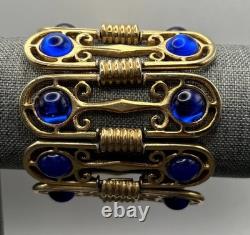 VTG Royal Blue Cabochon Gold Tone 2.5 Wide Panel Etruscan Style Bracelet 7.25