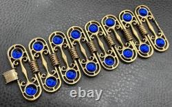 VTG Royal Blue Cabochon Gold Tone 2.5 Wide Panel Etruscan Style Bracelet 7.25