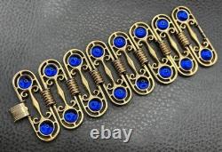 VTG Royal Blue Cabochon Gold Tone 2.5 Wide Panel Etruscan Style Bracelet 7.25