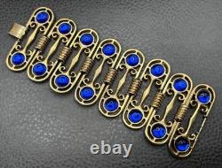 VTG Royal Blue Cabochon Gold Tone 2.5 Wide Panel Etruscan Style Bracelet 7.25