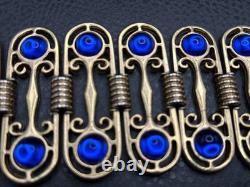 VTG Royal Blue Cabochon Gold Tone 2.5 Wide Panel Etruscan Style Bracelet 7.25
