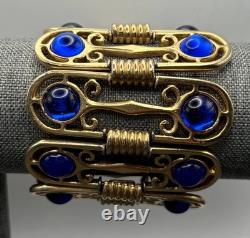 VTG Royal Blue Cabochon Gold Tone 2.5 Wide Panel Etruscan Style Bracelet 7.25