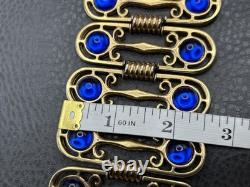 VTG Royal Blue Cabochon Gold Tone 2.5 Wide Panel Etruscan Style Bracelet 7.25