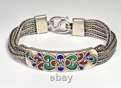 VTG Sterling Silver 4 Strand Red Blue Green Enamel Bracelet 925 7 Inches