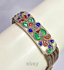 VTG Sterling Silver 4 Strand Red Blue Green Enamel Bracelet 925 7 Inches