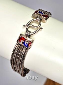 VTG Sterling Silver 4 Strand Red Blue Green Enamel Bracelet 925 7 Inches