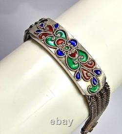 VTG Sterling Silver 4 Strand Red Blue Green Enamel Bracelet 925 7 Inches