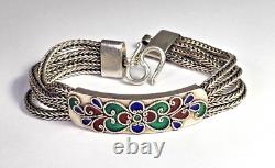 VTG Sterling Silver 4 Strand Red Blue Green Enamel Bracelet 925 7 Inches