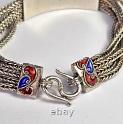 VTG Sterling Silver 4 Strand Red Blue Green Enamel Bracelet 925 7 Inches