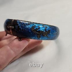 VTG Sterling Silver SIAM NELLIOWARE BLUE Enamel Hinged Bangle Bracelet