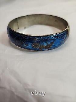 VTG Sterling Silver SIAM NELLIOWARE BLUE Enamel Hinged Bangle Bracelet