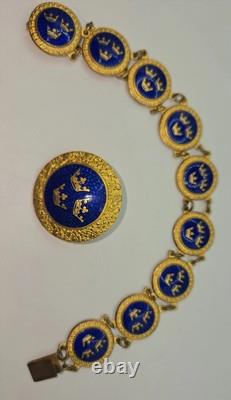 VTG Swedish Enamel Bracelet & Brooch Set Lagerströms Fab Mjölby Blue & Gold