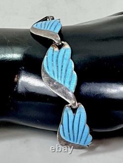 VTG TAXCO Mexico 925 Sterling Silver Blue Enamel Leaf Link Bracelet 7.5 Signed
