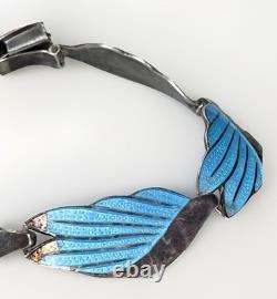 VTG TAXCO Mexico 925 Sterling Silver Blue Enamel Leaf Link Bracelet 7.5 Signed