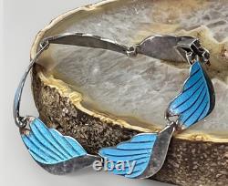 VTG TAXCO Mexico 925 Sterling Silver Blue Enamel Leaf Link Bracelet 7.5 Signed