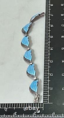 VTG TAXCO Mexico 925 Sterling Silver Blue Enamel Leaf Link Bracelet 7.5 Signed