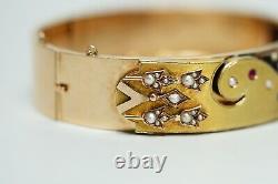 Victorian 14k Two Tone Gold Bracelet Tiered Panel Checkered Enamel Tulips Pearls