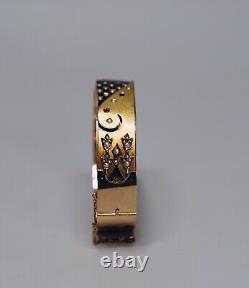 Victorian 14k Two Tone Gold Bracelet Tiered Panel Checkered Enamel Tulips Pearls