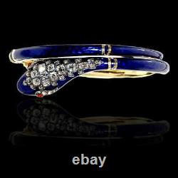 Victorian Art 1.98ct. Natural Diamond 925 Silver Blue enamel snake bracelet