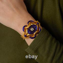 Victorian old European cut diamond blue enamel 18k yellow gold bracelet
