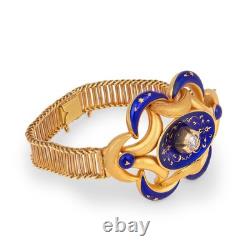 Victorian old European cut diamond blue enamel 18k yellow gold bracelet