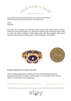 Victorian old European cut diamond blue enamel 18k yellow gold bracelet