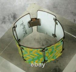 Vintag Kay Denning Mid-Century MOD Enamel Copper Link Bracelet Yellow Blue Green