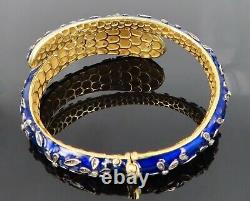Vintage 0.75ct Diamond & Cobalt Blue Enamel 18K Gold Crossover Hinged Bangle