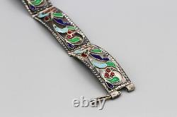 Vintage 1000 Sterling Silver Panel Bracelet With Enameled Cloisonne Flowers